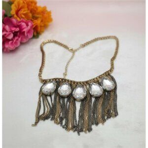 Teardrop Crystal Fringe Necklace Vintage Gunmetal And Gold Tone Statement 22 In